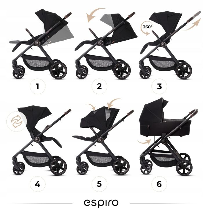 Cărucior 2in1 pentru copii, Espiro ONLY, cu toate accesoriile incluse - Stylish Black - imagine 7